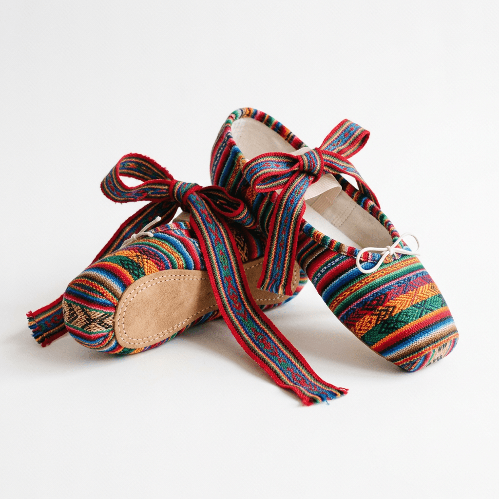 Pair of colorful woven baby shoes with fabric laces on white background