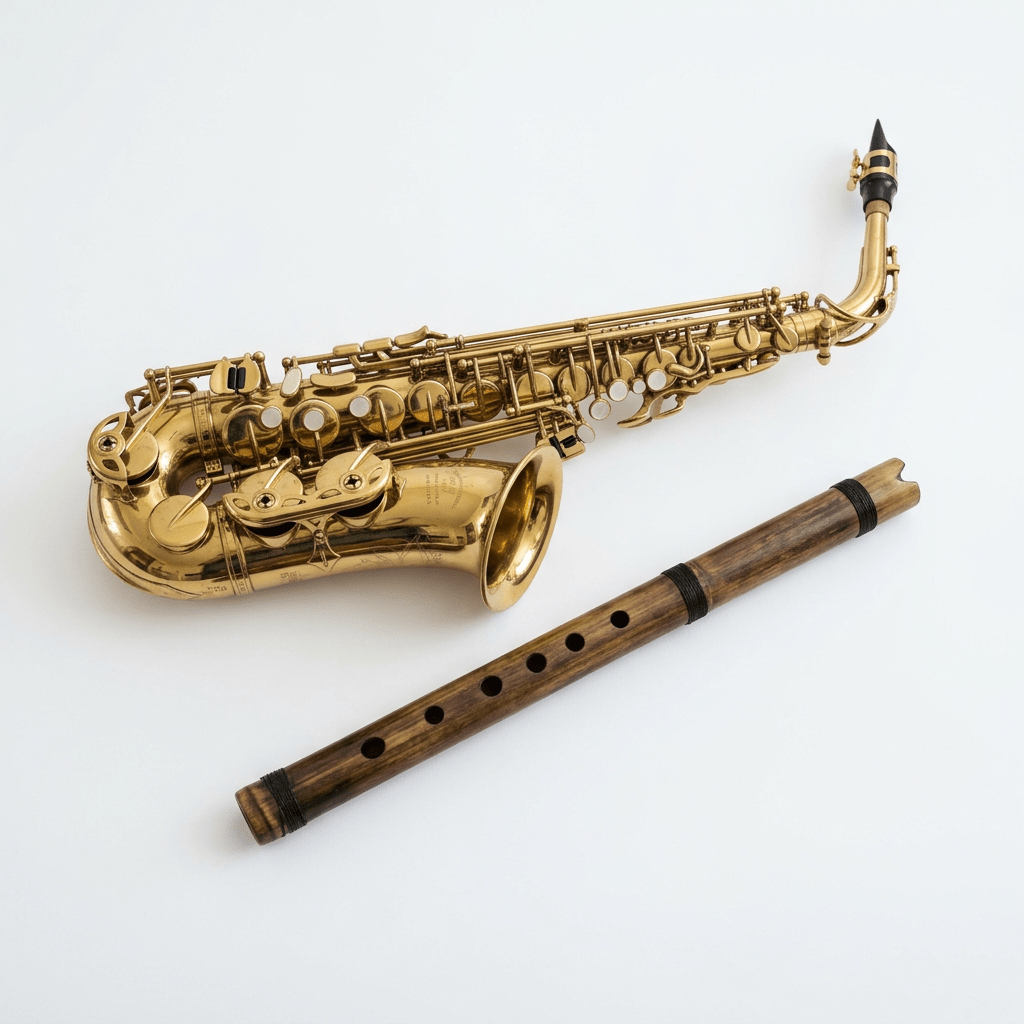 Brass saxophone and wooden flute side by side on white surface