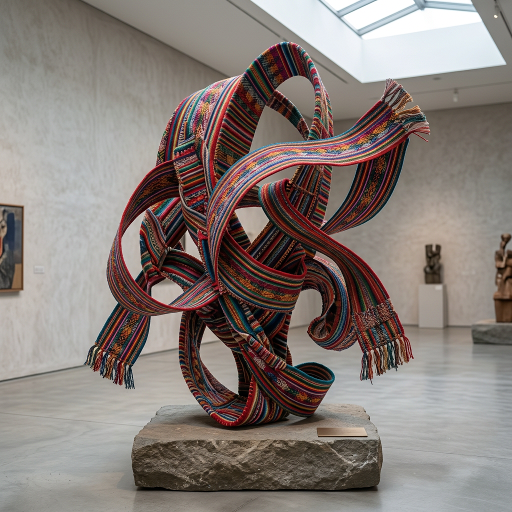 Contemporary textile sculpture in gallery Colorful woven textile sculpture with intricate loops on a stone base in art gallery